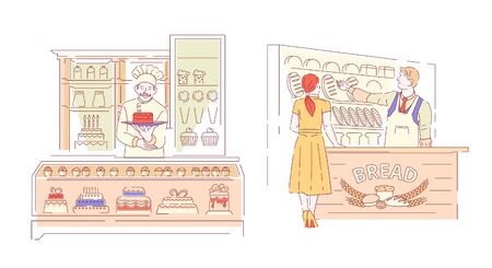 Bakery shop bread and cakes pastry products vendor and customerのイラスト素材