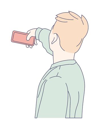 Guy taking selfie on smartphone photo and camera vector isolated male character photography man or teen and modern technology social media post, photoshot posing portrait on cellphone back viewのイラスト素材