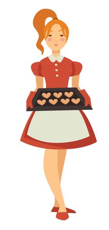 Housewife girl holding tray with cookies isolated female character vector woman in dress with apron heart shaped pastry baking and bakery product, cooking treat or dessert household chore and houseworkのイラスト素材