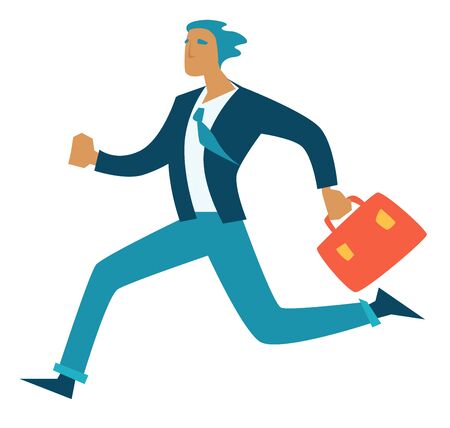 Project deadline and business work hurry businessman running vector movement office work and time management schedule, stress and haste entrepreneur in suit with briefcase working problem or delay.のイラスト素材