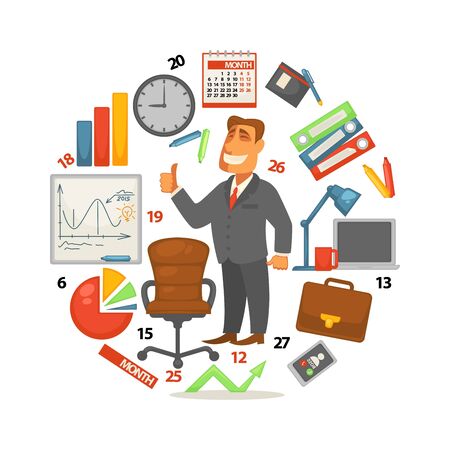 Businessman and work equipment graphics business and finance vector diagrams and charts document folders and office chair laptop and lamp, coffee cup and notebook calendar and clock smartphoneのイラスト素材