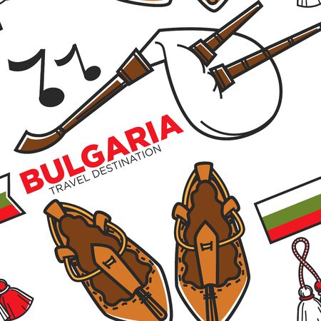 Bagpipe or gaida and bast shoes Bulgarian musical instrument seamless pattern vector music national symbol and footwear Bulgaria culture endless texture folk garment traveling wallpaper printのイラスト素材