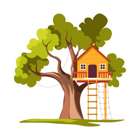 Treehouse house on tree with ladder playground isolated plantのイラスト素材