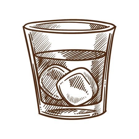 Whiskey, cola and ice cubes in glass isolated sketchのイラスト素材