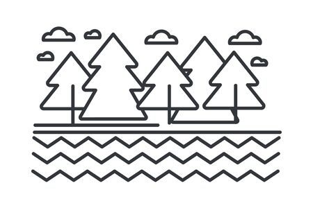 River or lake and trees, landscape and wild forest outline sketchのイラスト素材