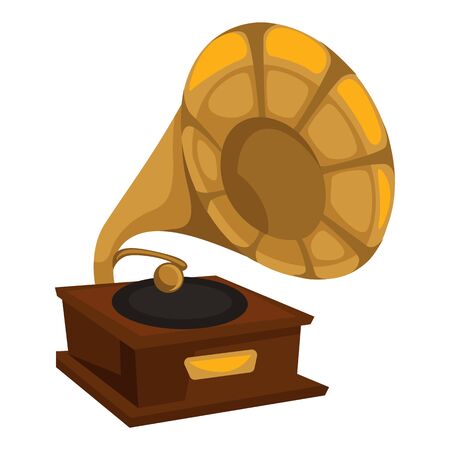 Vinyl disc playing, gold gramophone in 1910s style isolated retro object vector. Vintage music player, golden tube and wooden stand. Melody or song listening appliance, musical record playingのイラスト素材
