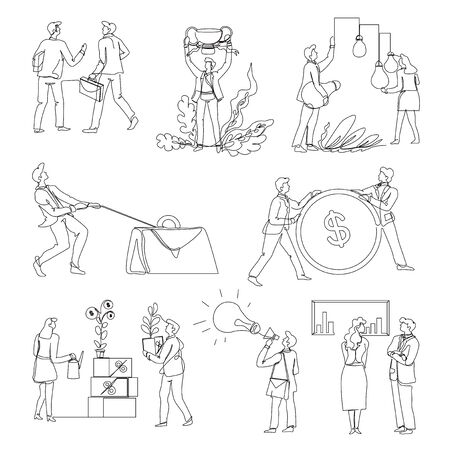 Business and startup isolated outline icons, office workers and cooperationのイラスト素材