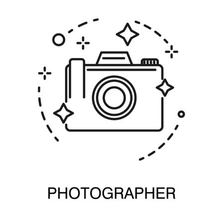 Photo camera isolated outline icon, photographer servicesのイラスト素材
