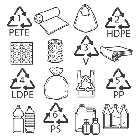 Recycling symbols, plastic packaging or wrapping isolated iconsのイラスト素材