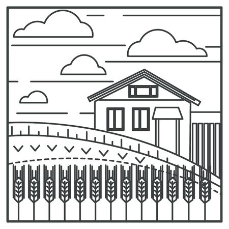 Wheat field and village house, farming and agriculture, countrysideのイラスト素材