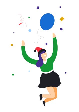Birthday or Christmas party celebration, girl jumping with balloonのイラスト素材