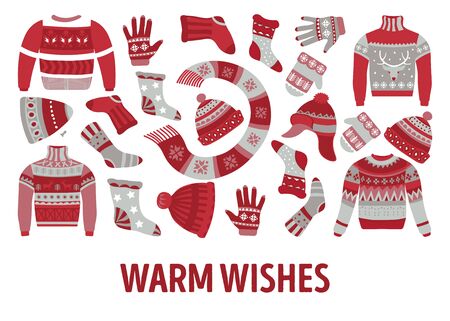 Knitwear, winter knitted clothes and accessories, sweaters and hatsのイラスト素材