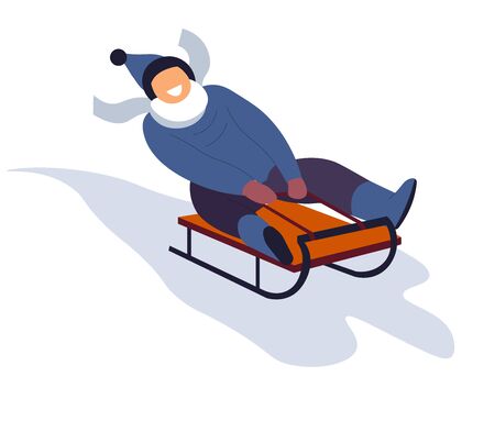 Boy sliding on sled downhill during winter holidays seasonのイラスト素材