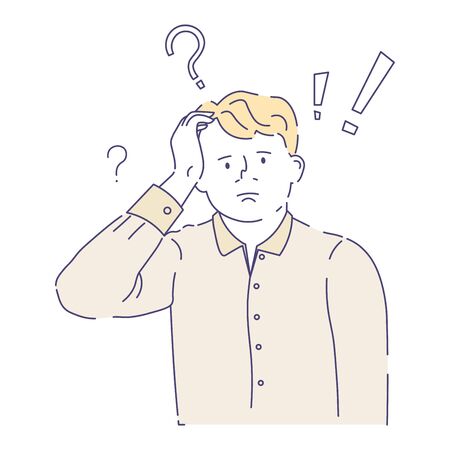 Person having doubts, doubtful, scratching his head, confused with worried look, question and exclamation marks above, colorful doodle sketch illustration on white backgroundのイラスト素材