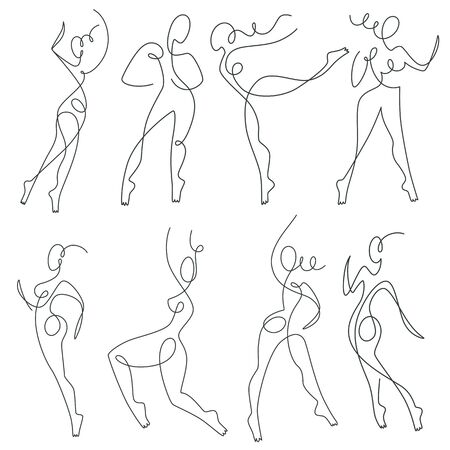 Continuous line drawing, female silhouettes in move, dancersのイラスト素材