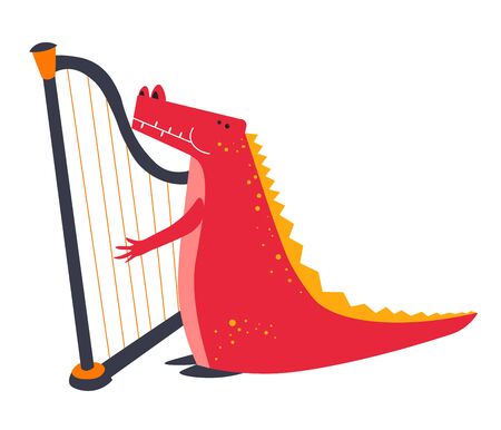Crocodile playing harp, animal musician, childish cartoon characterのイラスト素材