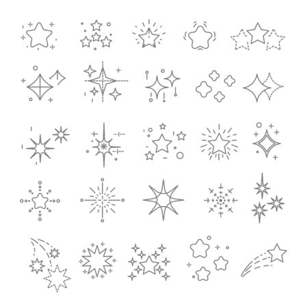 Star-shaped objects or stars and sparkles isolated outline iconsのイラスト素材