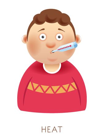 Fever or heat, boy with thermometer, cold symptom, isolated childのイラスト素材