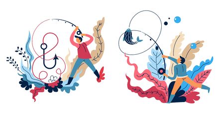 Fishing sport and recreation, fishermen catching fish with rodのイラスト素材