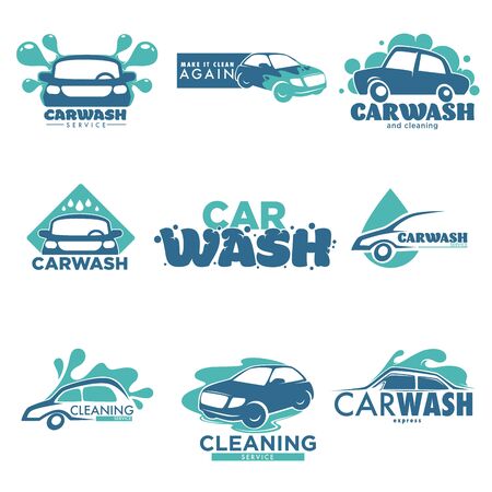 Car cleaning service carwash station isolated icons vehicle and transport vector washing dirty transport water and foam cleanliness and hygiene transportation emblem or logo automobile maintenanceのイラスト素材