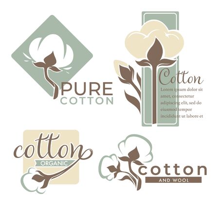 Cotton isolated icons pure and organic product vector textile industry field plant emblem or logo clothes material production label agriculture and plantation fabric or fiber growing and processingのイラスト素材