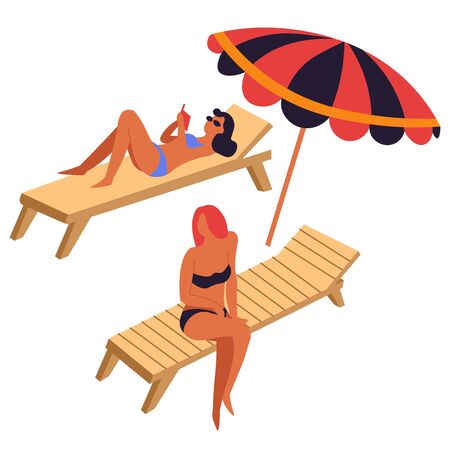 Women sunbathing on recliners or deck chairs under umbrellaのイラスト素材