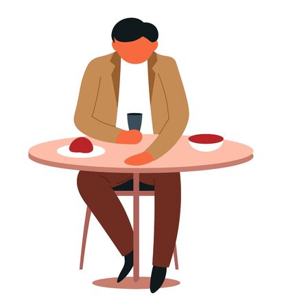 Plates and drink on table man eating at canteen isolated male character vector business lunch or supper morning branch at work place bowl and cup meal time food dishes businessman at cafeteriaのイラスト素材