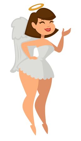 Halloween party woman in sexy angel costume with wings and halo isolated female character vector masquerade outfit short white dress and feathers heaven creature festive outfit and accessoriesのイラスト素材