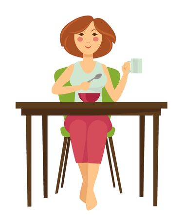 Woman having breakfast at table isolated female characterのイラスト素材