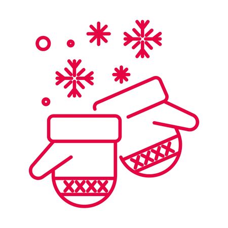 Christmas mittens and snowflakes linear icon in redのイラスト素材