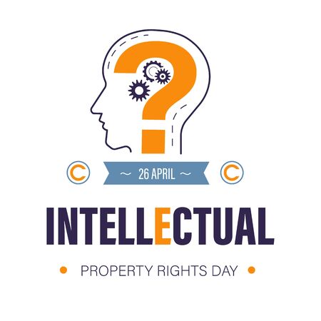 Copyright or intellectual property rights day, invention protection and idea patent, isolated icon vector. Human profile and question mark, cogwheels mechanism. Creative product security awarenessのイラスト素材