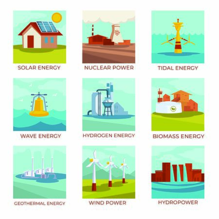 Energy sources, power plants and natural resources isolated iconsのイラスト素材