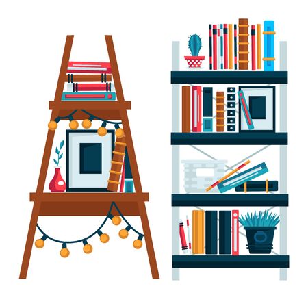 Home library bookshelves isolated icons, study roomのイラスト素材