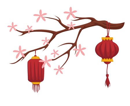 Blooming sakura and Chinese paper lanterns isolated iconのイラスト素材
