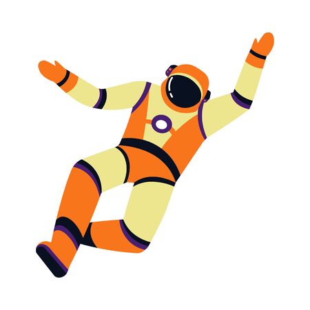 Astronaut character, cartoon spaceman, cosmonaut in motion isolated icon vector. Helmet and pressure suit, space explorer in spacesuit. Cosmos and foreign planet exploration, interstellar expeditionのイラスト素材