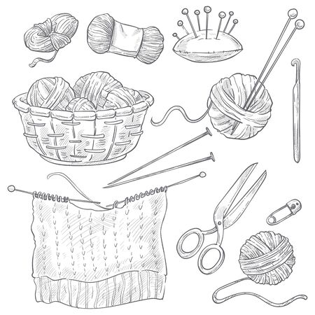 Threads and knitting tools, needles and pins, sewing and cross stitching isolated sketches vector. Woolen knitwear and yarn, scissors and hook. Hand drawn equipment to knit, handmade knitwearのイラスト素材