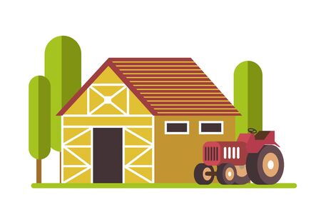 Harvester or tractor and old barn, agriculture and farmのイラスト素材