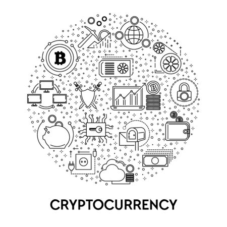 Cryptocurrency and blockchain system, bitcoin mining line iconのイラスト素材