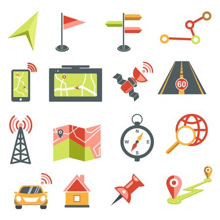 Maps, location and navigation isolated icons, cartography and topography vector. GPS, smartphone app or navigator application, pinpoint. Online direction search, satellite and tower, car and roadのイラスト素材