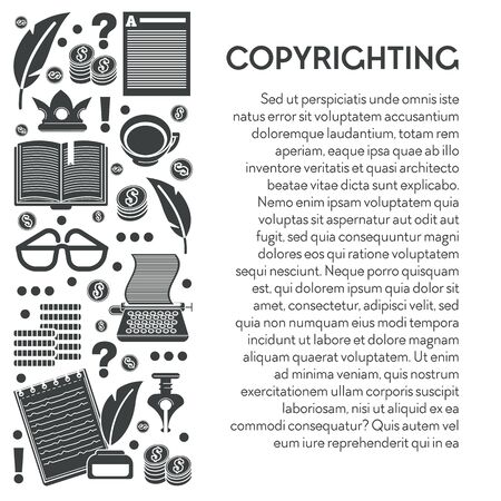 Intellectual property right protection, copyrighting and money earning vector. Book and articles, coins stacks and coffee, typing machine and glasses, pen and notepad. Writing texts, author creationのイラスト素材