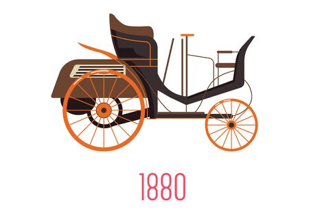 Vintage motor wagon, side view, limited model of 1880 year of production. Car manufacturing evolution. Automobile industry, transport vehicle. Vector illustration isolated on white background.のイラスト素材