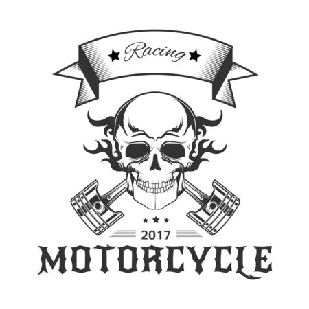 Motorcycle racing logo with skull in flames and bike pistonsのイラスト素材