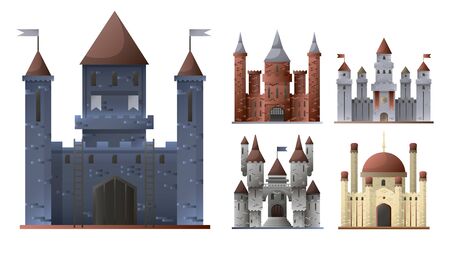 Medieval castles and fortresses architectural structures in grey and brownのイラスト素材