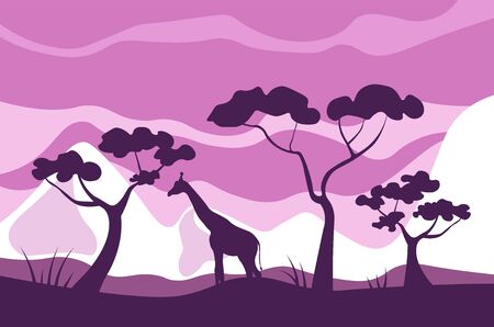 African savannah landscape, giraffe eats leaves of acacia treesのイラスト素材