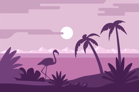 Summer landscape tropical island or bay, palm trees and flamingo bird at sunset vector. Wild beach dawn, sea and seaside, vacation and holiday. Exotic paradise resort, flora and fauna under moonのイラスト素材