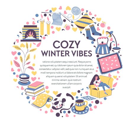 Winter vibes emblems, woman spending time homeのイラスト素材