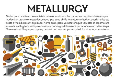 Metal products, metallurgy industry banner, iron mining tools, isolated icons vector. Truck and cart, excavator and melting apparatus. Mechanic claw and welding mask, anvil hammer and wrenchのイラスト素材