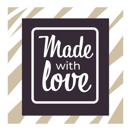 Made with love logo with lettering in cursive font, dark frame, zebra print background. Handmade, hand crafted product packaging design emblem, tag template. Graphic vector illustration.のイラスト素材