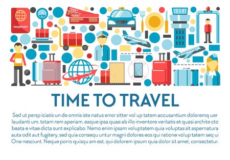 Time to travel banner, airport staff and equipment, airplane flightのイラスト素材