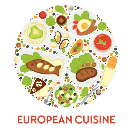 European food menu, cuisine of Europe, meals and dessertsのイラスト素材